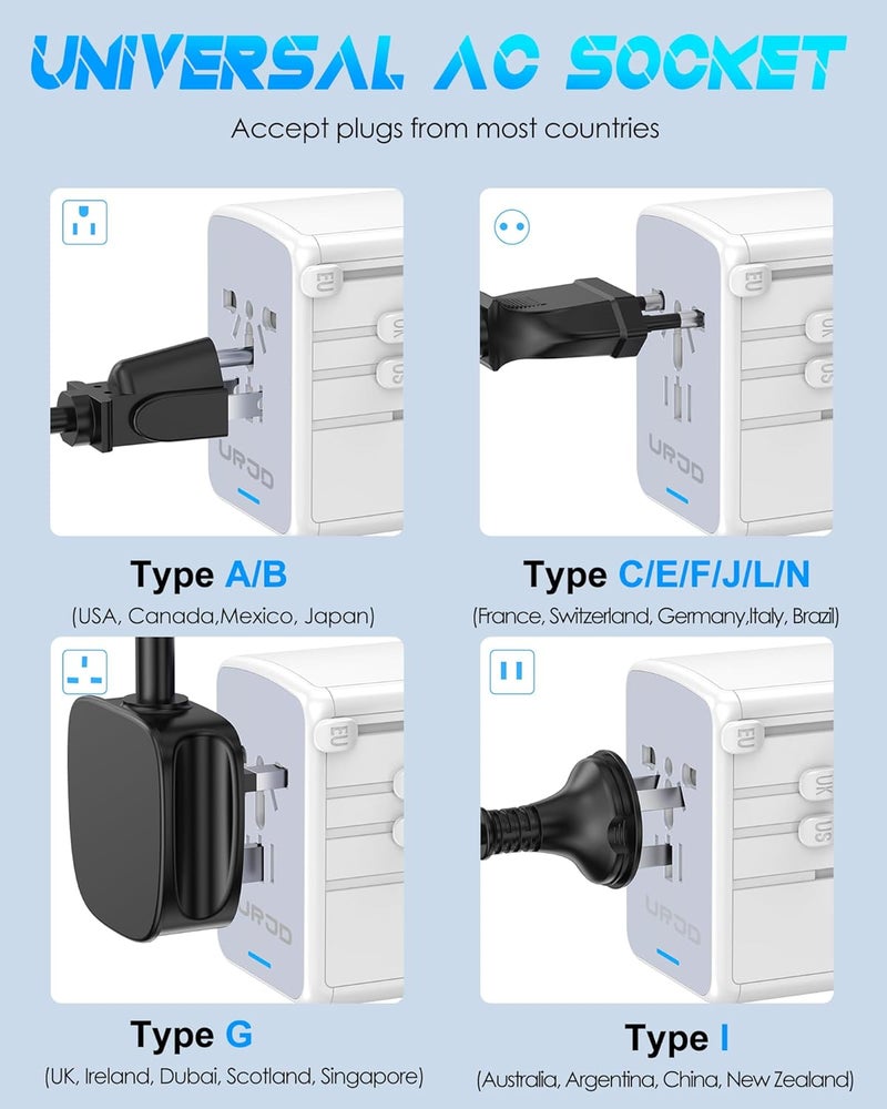 URJD Universal Travel Adapter, 6.0A 5 USB Ports (3 USB C) & 2500W AC Outlet, International Power Plug Adapter Worldwide Travel Wall Charger Multi Plug for Europe UK US AUS (Type C/G/A/I, White) - Image 5